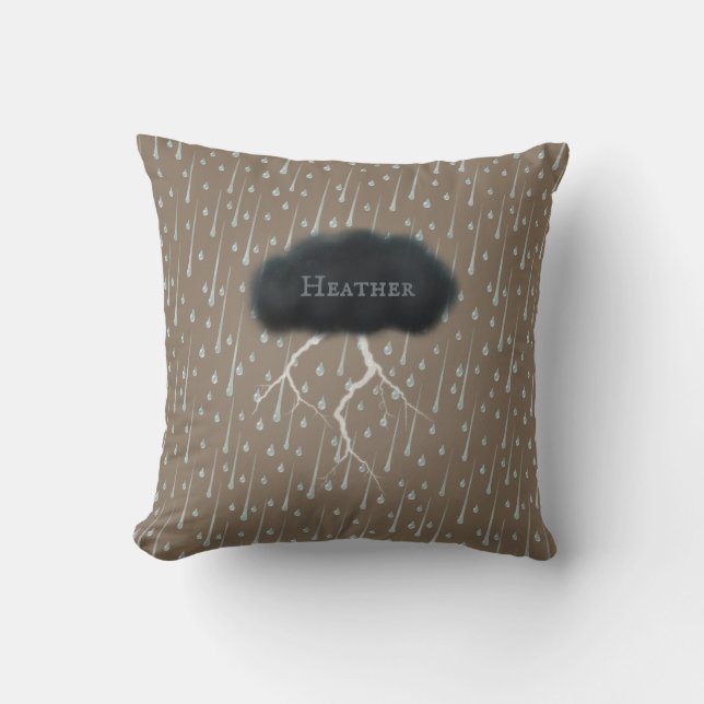 Stormy Day Thunder Cloud & Rain Customized Brown Throw Pillow (Front)