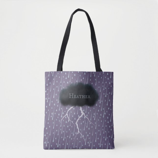 Stormy Day Thunder Cloud & Rain Customized Purple Tote Bag (Front)