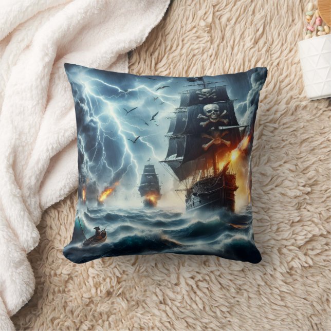 Stormy Encounter With Pirate Ships at Sea Throw Pillow (Blanket)