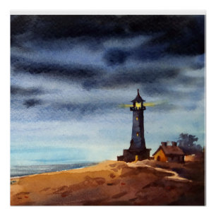 Stormy Lighthouse , Watercolor Painting Poster
