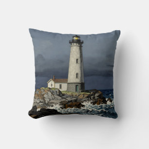 Stormy Night Coastal Lighthouse Throw Pillow