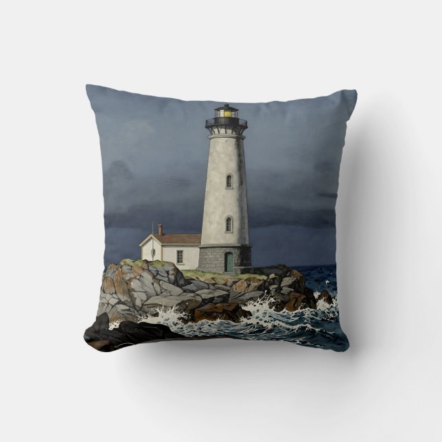 Stormy Night Coastal Lighthouse Throw Pillow (Front)