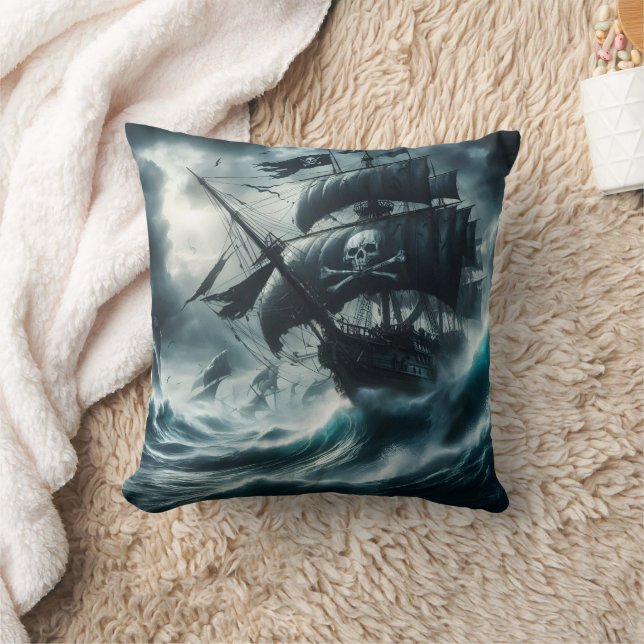 Stormy Night on a Pirate Ship Sailing the Seas Throw Pillow (Blanket)