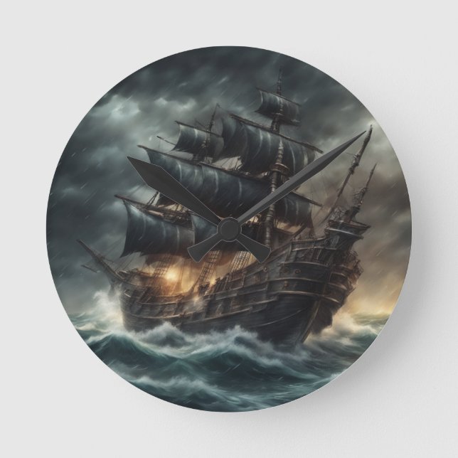 Stormy Pirate Ship - 2 -  Round Clock (Front)