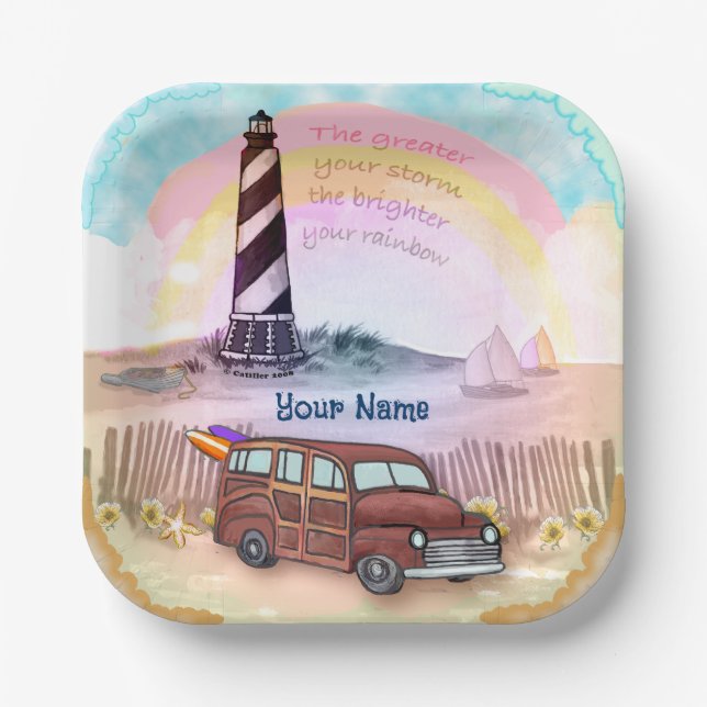 Stormy Rainbow Lighthouse  Paper Plate (Front)