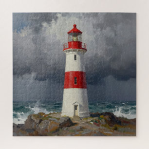 Stormy Red Lighthouse Coastal  Jigsaw Puzzle