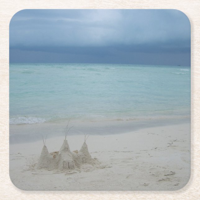 Stormy Sandcastle Beach Landscape Photo Square Paper Coaster (Front)