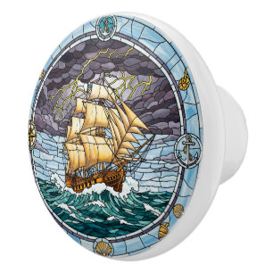 Stormy Sea, Ship, Sea Animals, Nautical Ceramic Knob