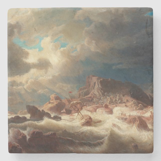 Stormy Sea with a Shipwreck (by Marcus Larson) Stone Coaster (Front)