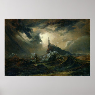 Stormy sea with Lighthouse Poster