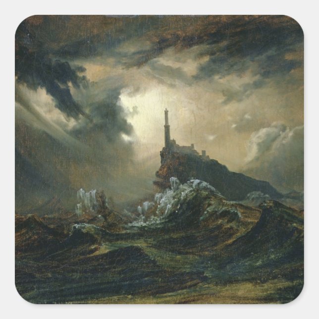 Stormy sea with Lighthouse Square Sticker (Front)