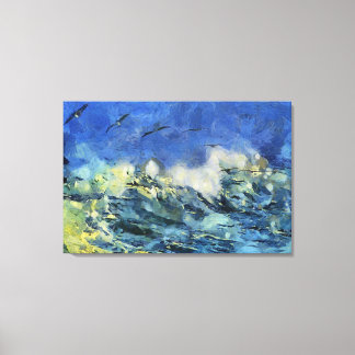 Stormy Sea with Seagulls in Blue and Yellow Canvas Print