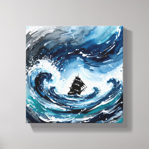 Stormy Seas Abstract Ship Wall Art – Navy & Teal W