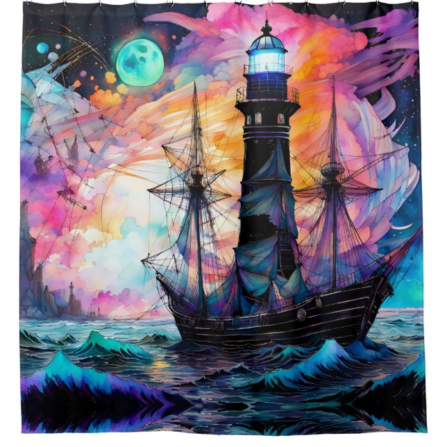 Stormy seas, boat lighthouse Moon Abstract (Front)