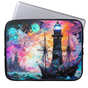 Stormy seas, boat lighthouse Moon Abstract Laptop Sleeve