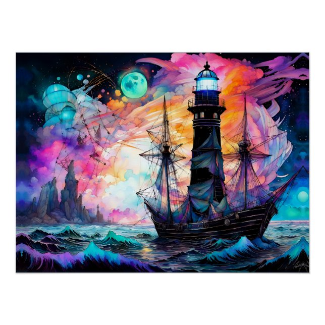 Stormy seas, boat lighthouse Moon Abstract Poster (Front)