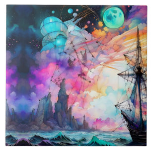 Stormy seas, futuristic boat Moon Abstract Tile