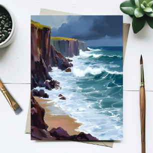 Stormy Shore   Beach Ocean Waves Painting Postcard