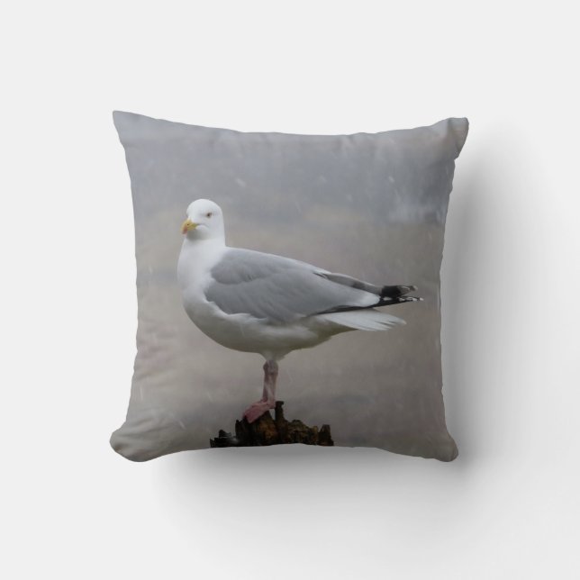 Stormy Snow Cute Seagull Bird Winter Scene Throw Pillow (Front)