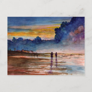 Stormy Sunset Beach Combing Watercolor Seascape Postcard