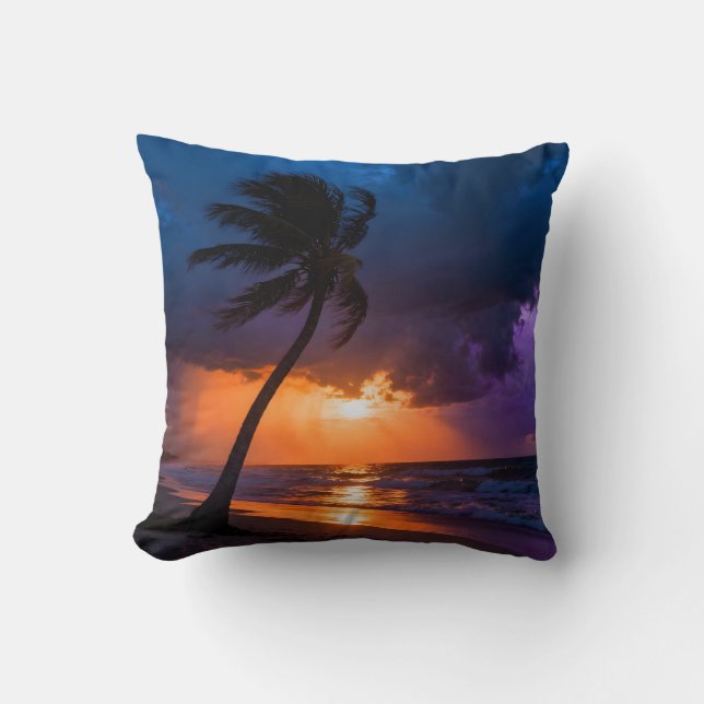  Stormy Sunset Beach Pillow Dramatic Lone Palm (Front)