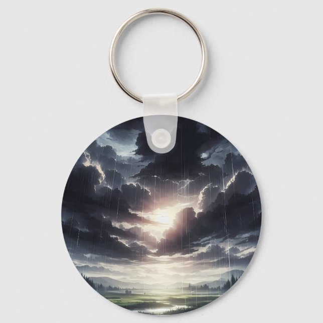 Stormy Sunset Rain Over Serene Valley Keychain (Front)