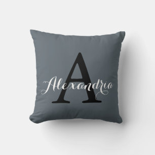 Stormy Weather Slate Grey Solid Colour Monogram Throw Pillow