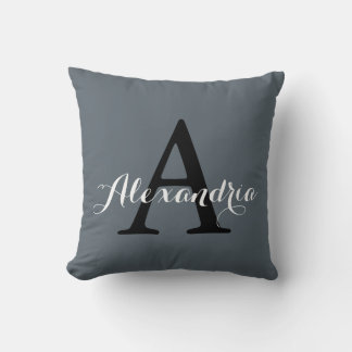 Stormy Weather Slate Grey Solid Colour Monogram Throw Pillow
