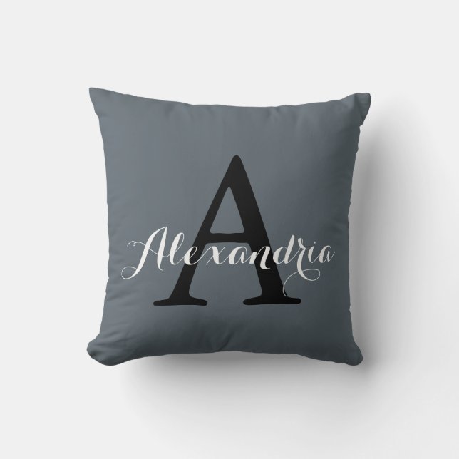 Stormy Weather Slate Grey Solid Colour Monogram Throw Pillow (Front)