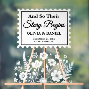 Story Begins Floral Postage Stamp Wedding Welcome Acrylic Sign