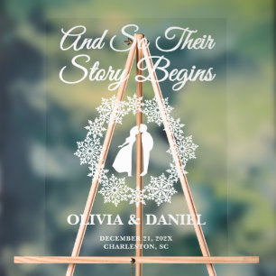 Story Begins Snowflake Winter Wedding Welcome Acrylic Sign