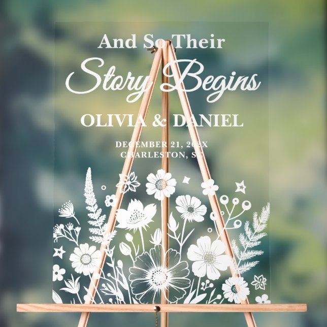 Story Begins Wildflower Wedding Welcome Acrylic Sign (Neutral)
