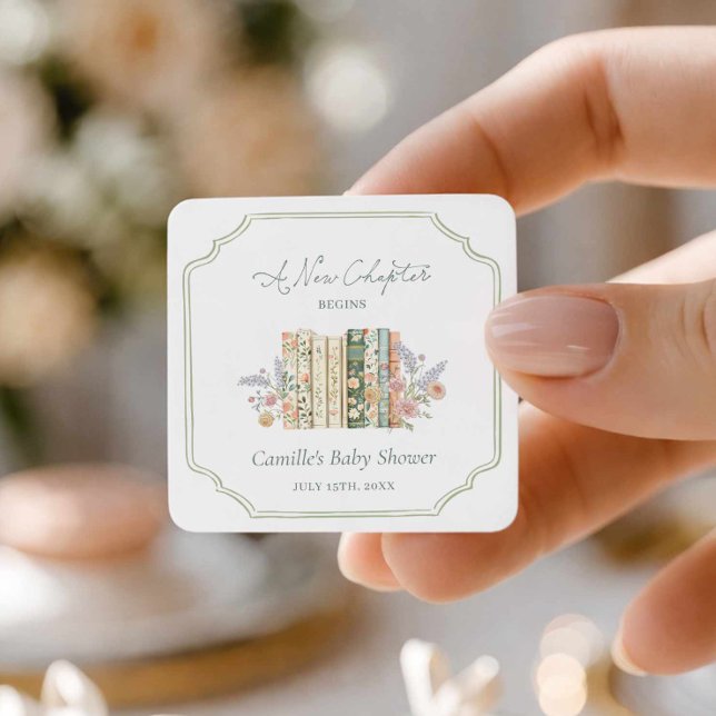 Storybook Baby Shower A New Chapter Favor Square Sticker (A New Chapter baby shower square sticker)