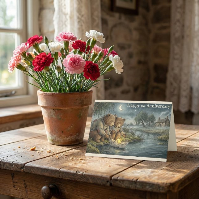 Storybook Bears Paper Boat | 1st Anniversary Card (Happy 1st Wedding Anniversary Cottagecore storybook bear & paper boat illustration greeting card)