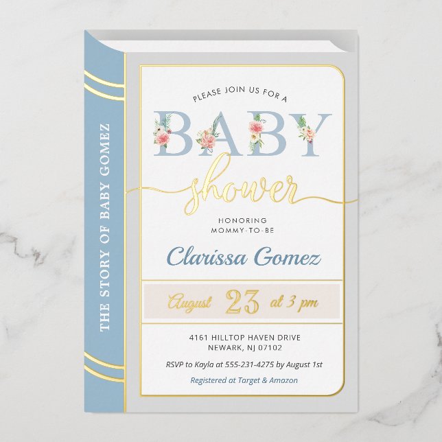 Storybook Book Library Baby Boy Shower Blue Gold (Front)