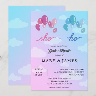 Storybook Cute Balloons Clouds Gender Reveal Party Invitation
