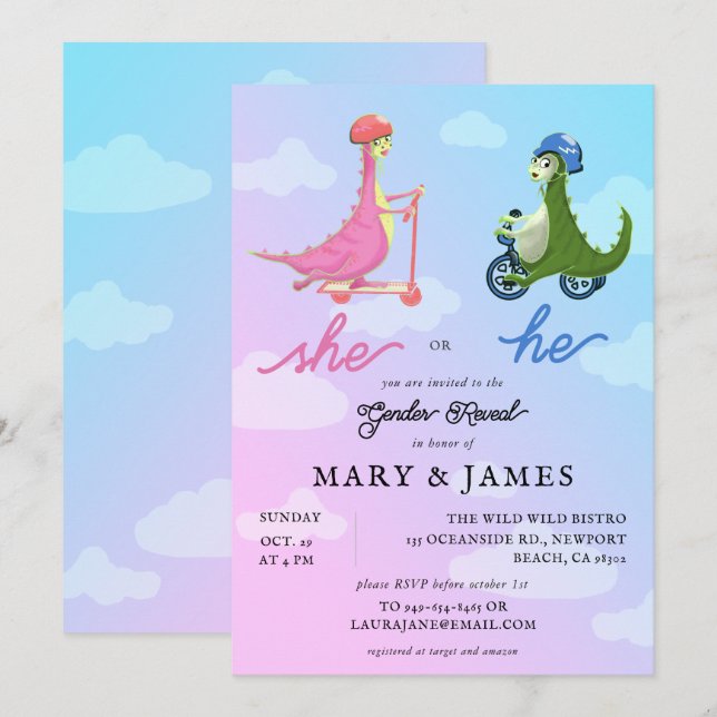 Storybook Cute Dinosaurs Gender Reveal Party Invitation (Front/Back)