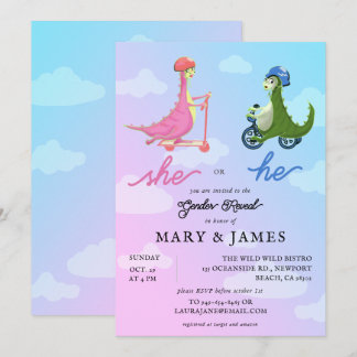 Storybook Cute Dinosaurs Gender Reveal Party Invitation