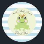 Storybook Fairy Tale Frog Prince Baby Shower Blue Classic Round Sticker<br><div class="desc">Customize with any text or leave blank.</div>