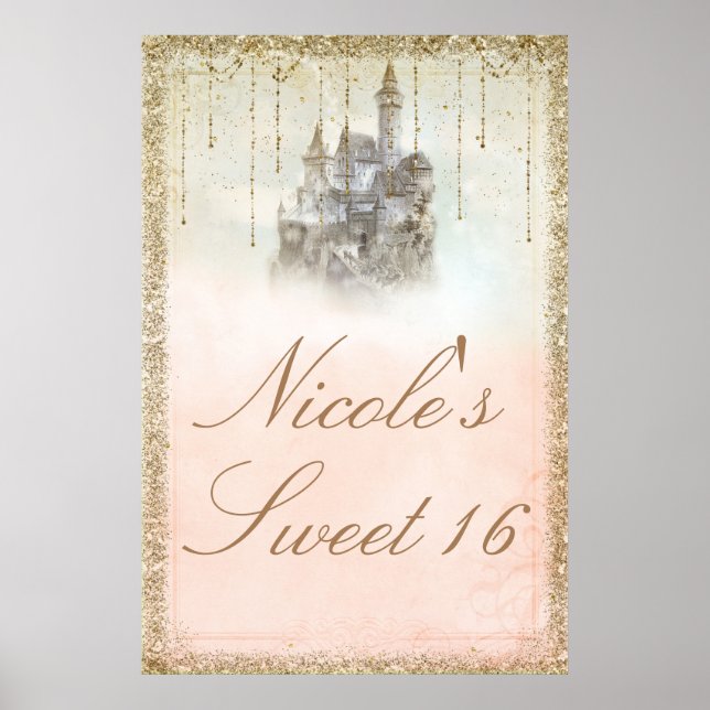 Storybook Fairy Tale Princess Castle Gold Glitter Poster (Front)