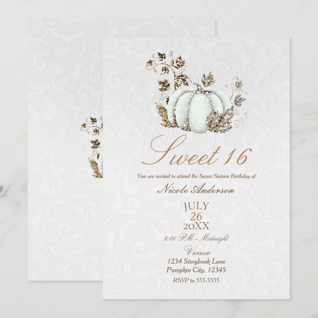 Storybook Gold White Pumpkin Fairy Tale Sweet 16 Invitation (Front/Back)