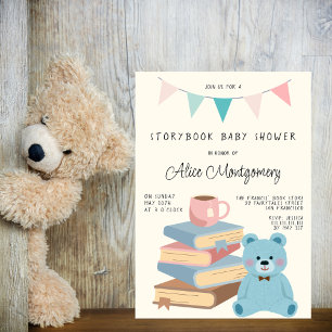 Storybook Library Blue Teddy Baby Boy Shower  Invitation