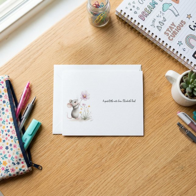 Storybook Mouse Picking a Pink Wildflower Note Card (Creator Uploaded)