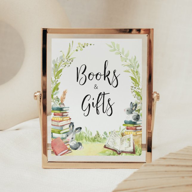 Storybook New Chapter Baby Shower Books and Gifts Poster (Vintage Storybook Rabbit Baby Shower Books and Gifts Sign)