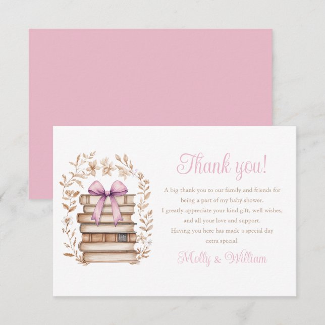 Storybook Pink Bow Baby Shower  Thank You Card (Front/Back)