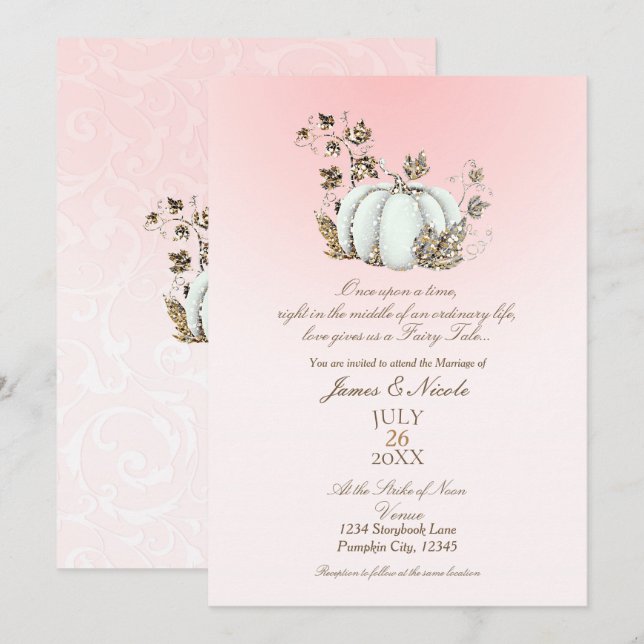 Storybook Pink & White Pumpkin Fairy Tale Wedding Invitation (Front/Back)
