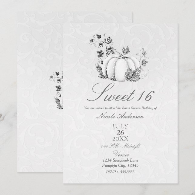 Storybook Silver White Pumpkin Fairy Tale Sweet 16 Invitation (Front/Back)