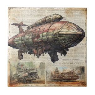 Storybook Steampunk Airship Over Old World City Tile