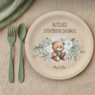 Storybook Teddy Bear Greenery Baby Shower  Paper Plate