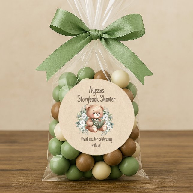 Storybook Teddy Bear Guest Favour Thank You Classic Round Sticker (Teddy bear storybook baby shower "Thank you" sticker.
)